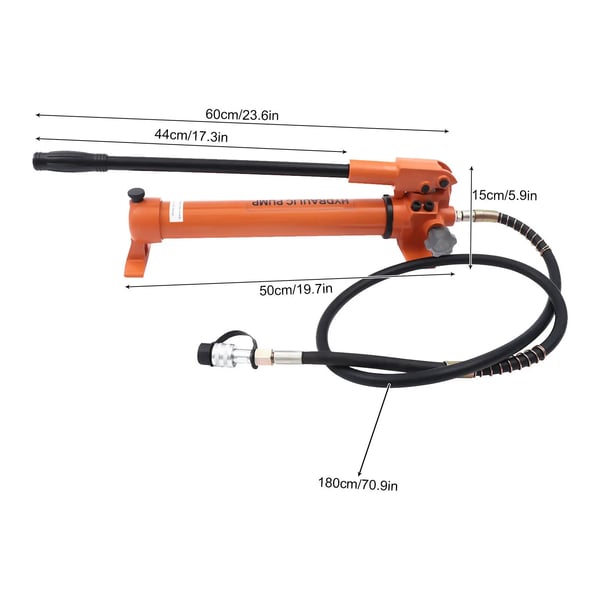 Hydraulisk håndpumpsæt - Manuel pumpe - 60–70 MPa - Olietank 900 ml (700 ml) - Slange 180 cm - 3/8 lynkobling - Orange