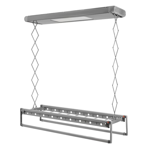 Sähköinen kuivausteline - Kattoasenteinen teleskooppimalli - Kaukosäädettävä nosto - 130–215 cm - Laskukorkeus 110 cm - 35 kg - Vaaleanharmaa