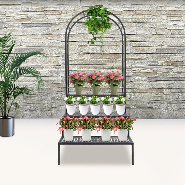 Kukkateline/Kukkahylly - 3-tasoinen puutarhakaarella - Ruosteenkestävä metalli - 70×60×165 cm - 15 kg/taso - Musta