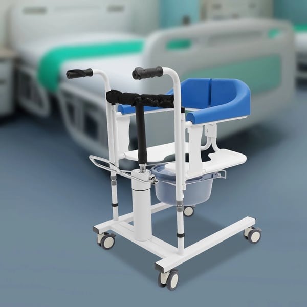 Patientlift kørestol - Hydraulisk transportstol - Robust stålramme - Med armlæn - Blød polstring - Samling kræves - Blå