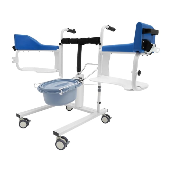 Patientlift kørestol - Hydraulisk transportstol - Robust stålramme - Med armlæn - Blød polstring - Samling kræves - Blå