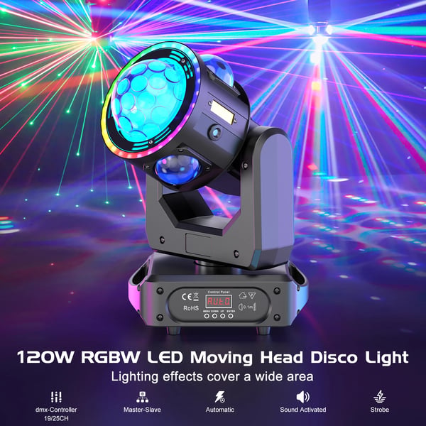 LED Moving Head - 120 W DMX lavavalo - DMX512/RDM - 19/25 kanavaa - RGBW LED + RGB-laser - Strobo - 90–240 V - Lämmin valo