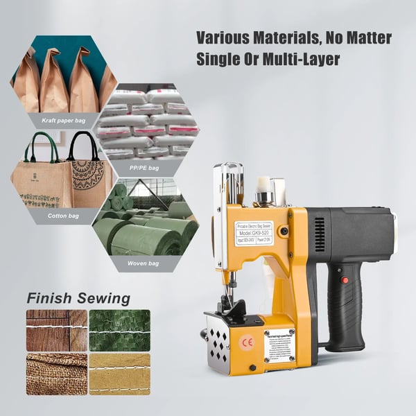 GK9-520 - Industriel håndholdt sækforseglingssymaskine - Overlocksøm, Bærbar, Til vævede sække, 190 W - Gul