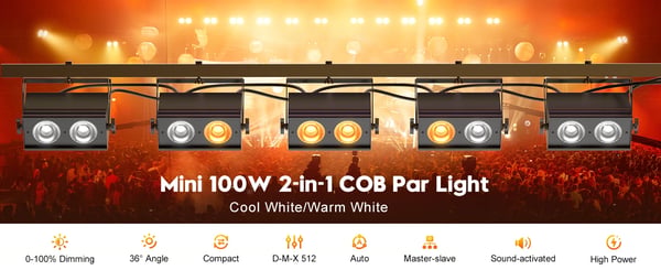 4-pak LED Par Blinder - 100W COB - DMX512/RDM 8CH - Auto/Lyd/Master-Slave - EU-stik - Kold + Varm Hvid 2×50W