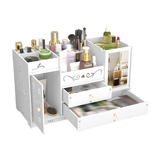 Moderne hvid kosmetik-opbevaringsboks, smykke- & makeuporganizer, med spejl, 2 skuffer, multirumsdesign