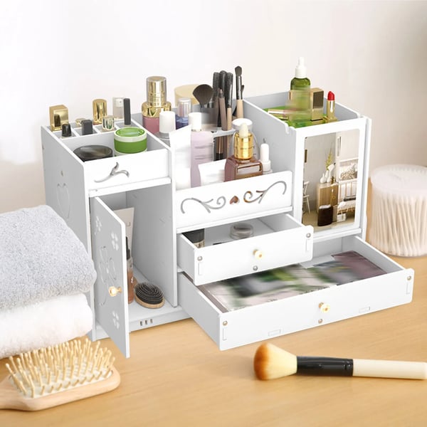 Moderne hvid kosmetik-opbevaringsboks, smykke- & makeuporganizer, med spejl, 2 skuffer, multirumsdesign