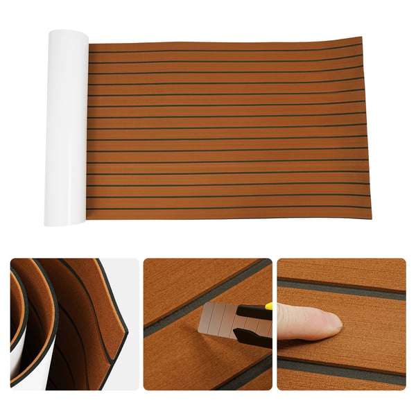 EVA-skum teak däckmatta - Båtdäckmatta - Storlek 240 x 90 cm - Tjocklek 6 mm - Halkfri - Självhäftande - Vattentät - Kapbar - Brun