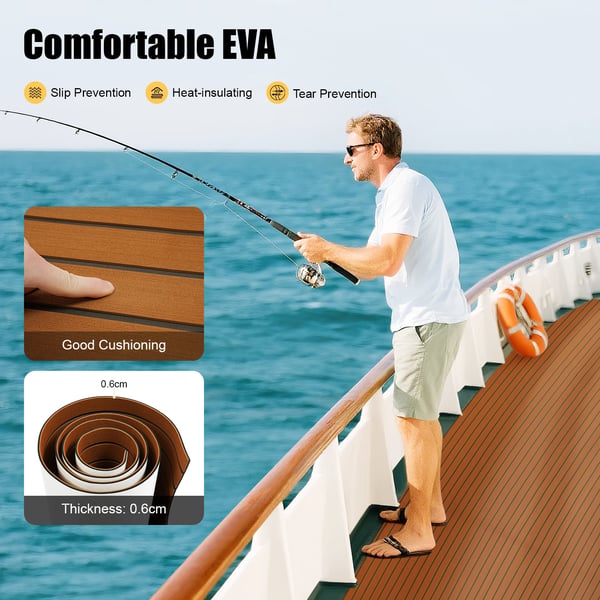 EVA-skum teak däckmatta - Båtdäckmatta - Storlek 240 x 90 cm - Tjocklek 6 mm - Halkfri - Självhäftande - Vattentät - Kapbar - Brun