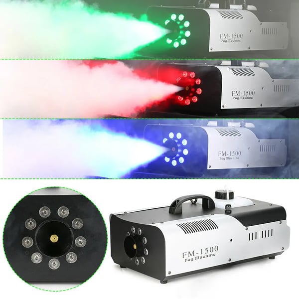 Ammattitason savukone - 1500 W lava/DJ - 220 V EU-pistoke - 9×3 W RGB LED - DMX512 & langaton kaukosäädin - Säiliö 2,5 l - 18000–25000 CFM
