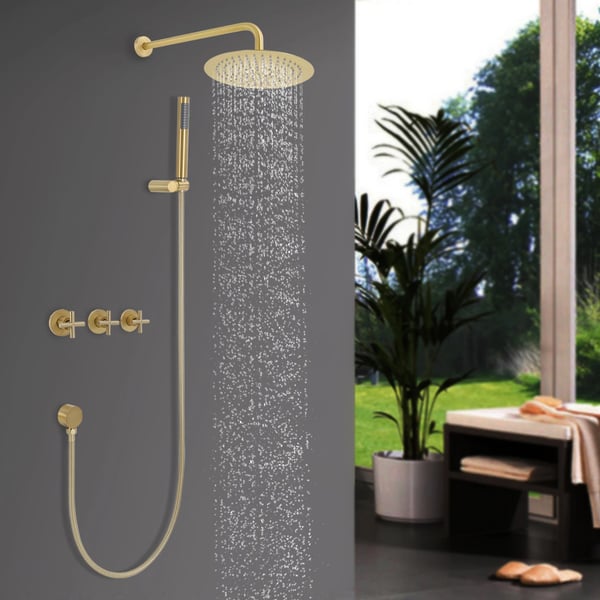 Brusesæt - Regnbruser med håndbruser - 25 cm hovedbruser - 1,5 m slange - Keramisk ventil - Rustbestandig - Messing - Guld