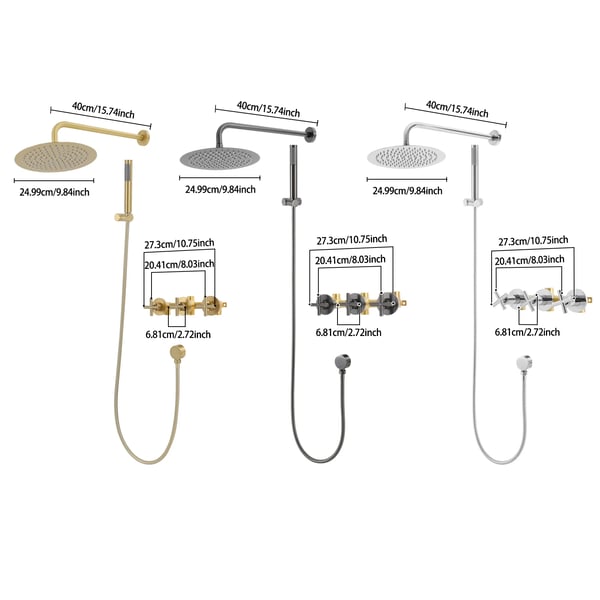 Brusesæt - Regnbruser med håndbruser - 25 cm hovedbruser - 1,5 m slange - Keramisk ventil - Rustbestandig - Messing - Guld