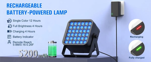 LED lavavalo - Neliö PAR-valo 54W RGBWA+UV 6-in-1 - Ladattava akku - DMX512/RDM - 3/5/7 kanavaa - EU-pistoke