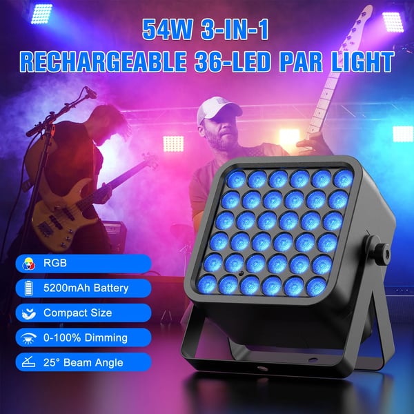 LED lavavalo - Neliö PAR-valo 54W RGBWA+UV 6-in-1 - Ladattava akku - DMX512/RDM - 3/5/7 kanavaa - EU-pistoke