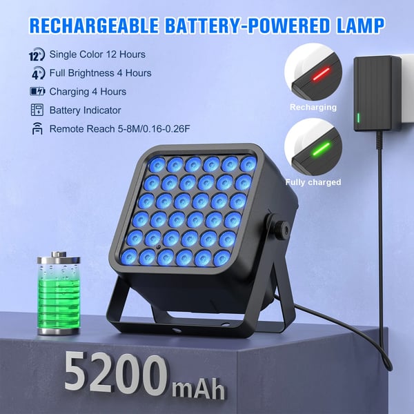 LED lavavalo - Neliö PAR-valo 54W RGBWA+UV 6-in-1 - Ladattava akku - DMX512/RDM - 3/5/7 kanavaa - EU-pistoke