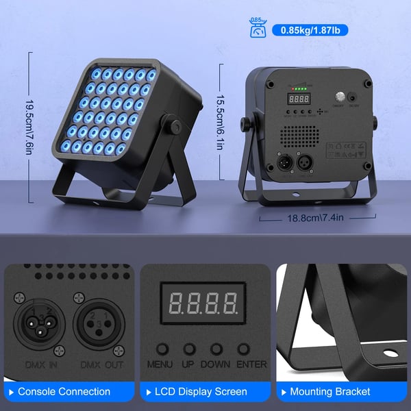 LED lavavalo - Neliö PAR-valo 54W RGBWA+UV 6-in-1 - Ladattava akku - DMX512/RDM - 3/5/7 kanavaa - EU-pistoke