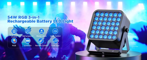 LED lavavalo - Neliö PAR-valo 54W RGBWA+UV 6-in-1 - Ladattava akku - DMX512/RDM - 3/5/7 kanavaa - EU-pistoke