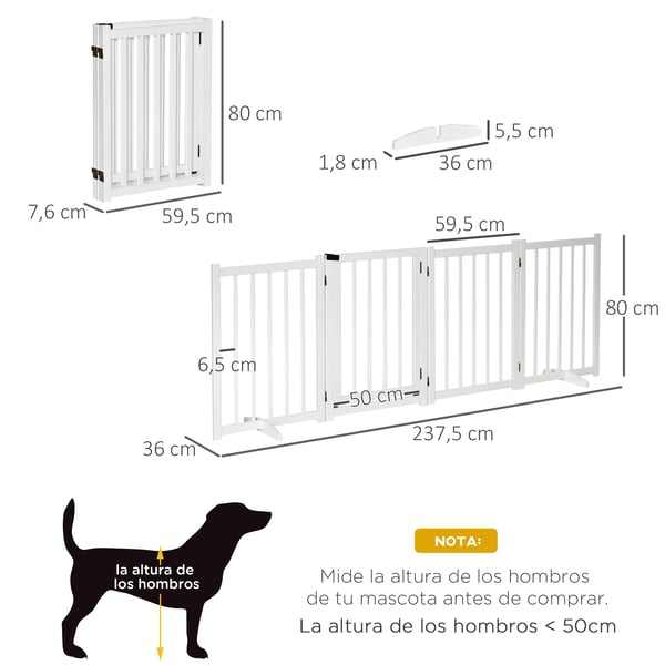 Hundgrind - Fällbar 4-delad grind med dörr - Trä - 237,5 x 36 x 80 cm - För medelstora hundar - Vit