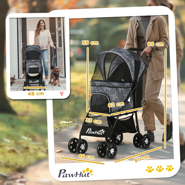 Hundvagn - Hundbuggy - Hopfällbar - Med korg - Justerbart solskydd - Metallram - För medelstora hundar - 81×48×99 cm - Grå
