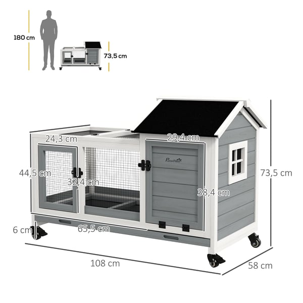 Kaninbur/Kaninhus - Trä - Med hjul - Fällbart tak - 108 x 58 x 73,5 cm - Grå