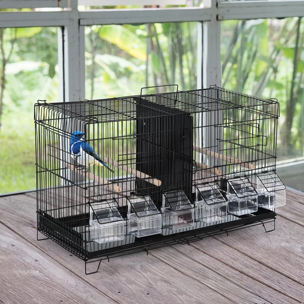Fågelbur - Metallbur - Med avdelare - Krokar och sittpinnar - Utdragbar bricka - Järn - 59,5 x 26,5 x 39,5 cm - Svart