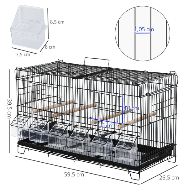 Fågelbur - Metallbur - Med avdelare - Krokar och sittpinnar - Utdragbar bricka - Järn - 59,5 x 26,5 x 39,5 cm - Svart