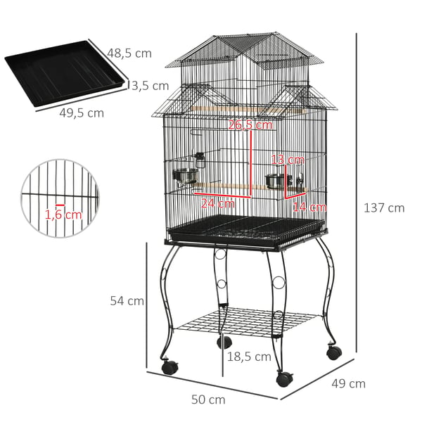 Fågelbur - Golvbur - Med hjul - Avtagbar bottenbricka - Matskålar - Järn - 50×49×137 cm - Svart