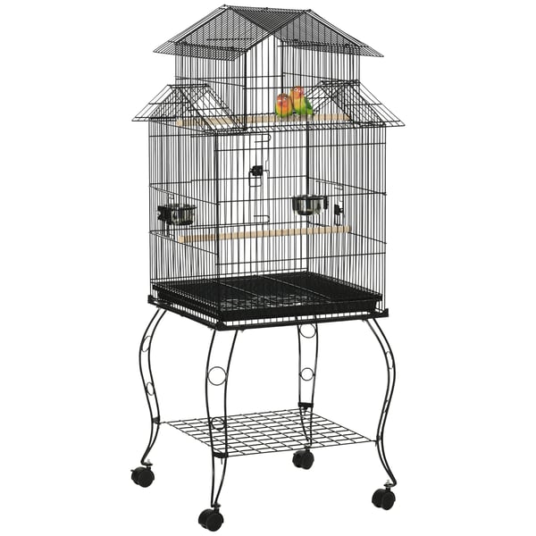Fågelbur - Golvbur - Med hjul - Avtagbar bottenbricka - Matskålar - Järn - 50×49×137 cm - Svart