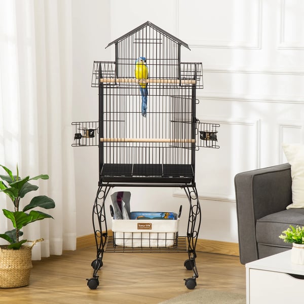 Fågelbur - Golvbur - Med hjul - Avtagbar bottenbricka - Matskålar - Järn - 50×49×137 cm - Svart