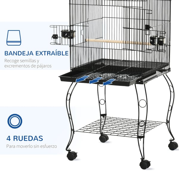 Fågelbur - Golvbur - Med hjul - Avtagbar bottenbricka - Matskålar - Järn - 50×49×137 cm - Svart