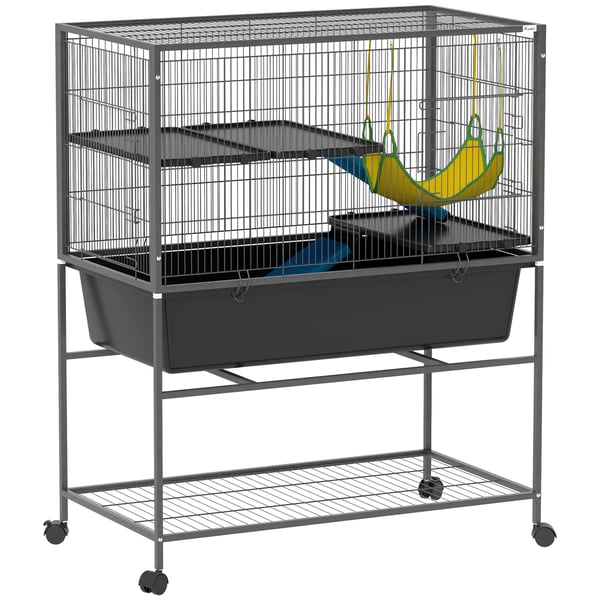Smådjursbur - 3 nivåer - Halksäkra ramper - Breda dörrar - Hjul med broms - 88 x 48 x 102 cm - Plast - Mörkgrå