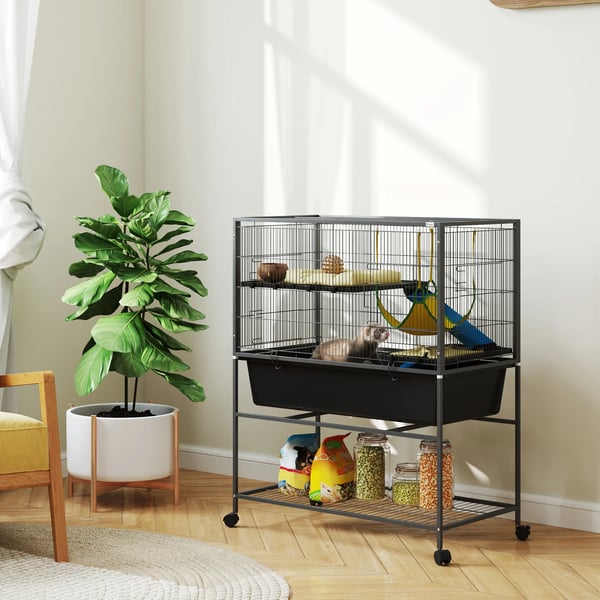 Smådjursbur - 3 nivåer - Halksäkra ramper - Breda dörrar - Hjul med broms - 88 x 48 x 102 cm - Plast - Mörkgrå