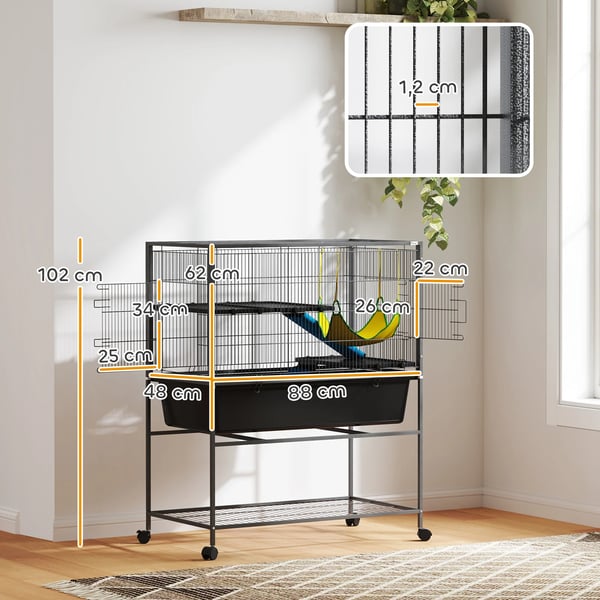 Smådjursbur - 3 nivåer - Halksäkra ramper - Breda dörrar - Hjul med broms - 88 x 48 x 102 cm - Plast - Mörkgrå