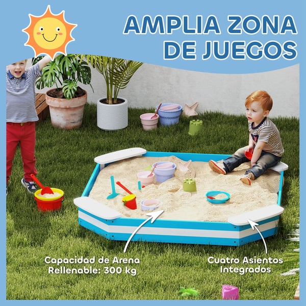 Barnsandlåda - Plastsandlåda - 3+ år - 4 sittplatser - 133 x 133 x 16 cm - Blå/Vit