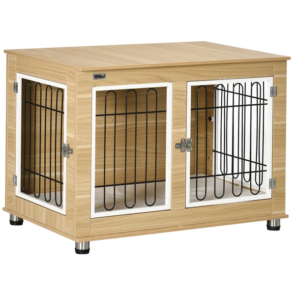 Hundbur - Transportbur - Plast - Med tvättbar dyna - 90×58×65 cm - För medelstora hundar - Ekfärg