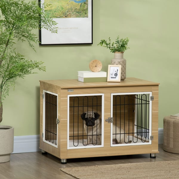 Hundbur - Transportbur - Plast - Med tvättbar dyna - 90×58×65 cm - För medelstora hundar - Ekfärg