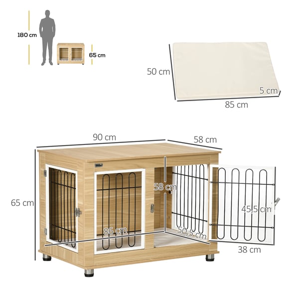 Hundbur - Transportbur - Plast - Med tvättbar dyna - 90×58×65 cm - För medelstora hundar - Ekfärg