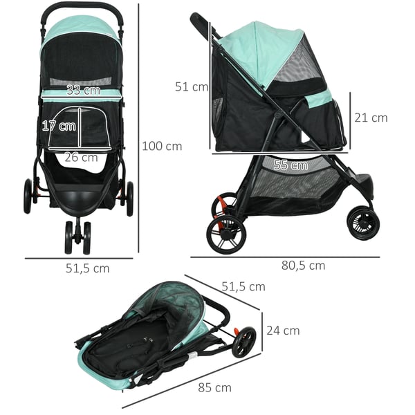 Hundvagn - Hundbuggy - Hopfällbar - Metallram - Förvaringskorg - För mellanstora hundar - 80,5×51,5×100 cm - Grön