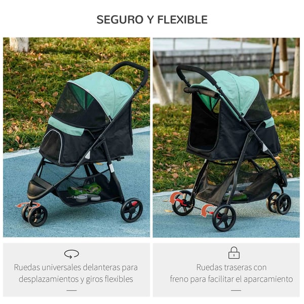 Hundvagn - Hundbuggy - Hopfällbar - Metallram - Förvaringskorg - För mellanstora hundar - 80,5×51,5×100 cm - Grön