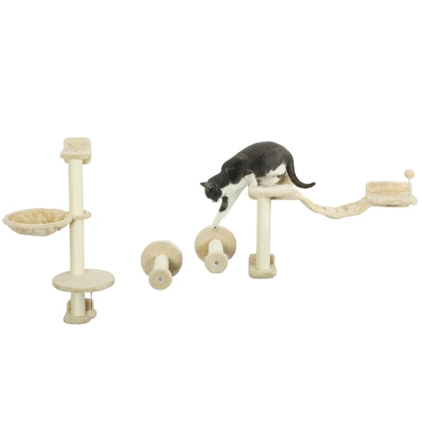 Väggmonterad kattklätterhylla - Klösmöbel - 4 nivåer - Trä - Hängmatta med boll - 84,5 x 19 x 54 cm - Beige