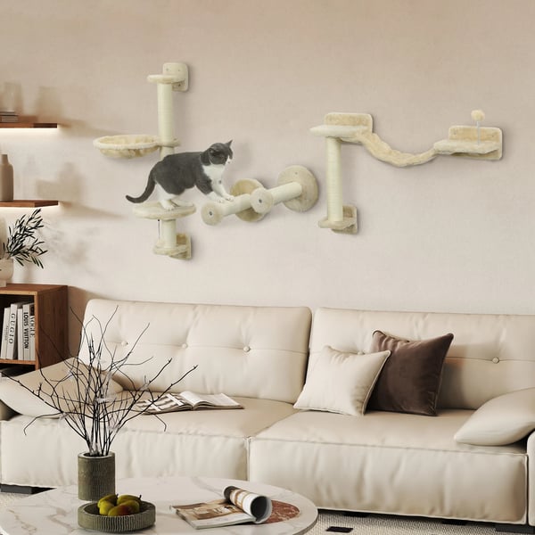 Väggmonterad kattklätterhylla - Klösmöbel - 4 nivåer - Trä - Hängmatta med boll - 84,5 x 19 x 54 cm - Beige