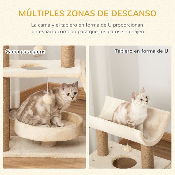 Kattklösträd - Klösstolpe - U-formad Plattform - 4 Nivåer - 60×30×76 cm - Trä - Beige