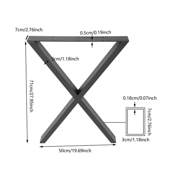 Bordben - X-formede Stålben - 2 Stk - Bæreevne 200 kg - 50×71 cm - Topplade 5 mm - Skruehul 6 mm - Til Sofabord/Spisebord - Sort