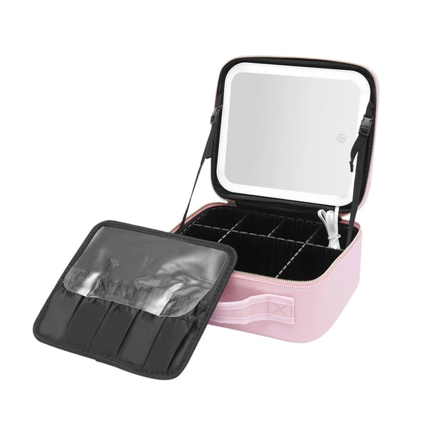 Rejse-makeuptaske - Makeupkuffert - LED-spejl - 3 lysfarver - Justerbare rum - PU-læder - 1,2 kg - Rosa