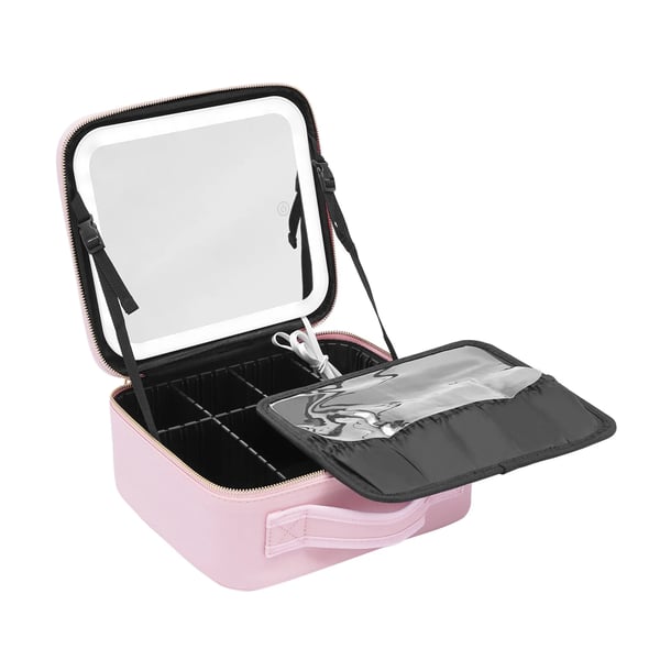 Rejse-makeuptaske - Makeupkuffert - LED-spejl - 3 lysfarver - Justerbare rum - PU-læder - 1,2 kg - Rosa