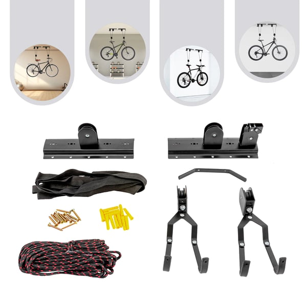 Cykellyft - Takmonterat Taljsystem - Garageförvaring - Rep och Krokar - Cykelhängare - Svart
