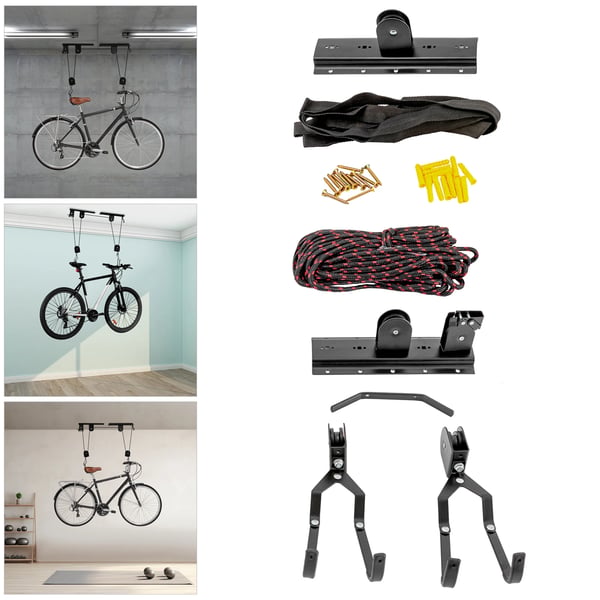 Cykellyft - Takmonterat Taljsystem - Garageförvaring - Rep och Krokar - Cykelhängare - Svart