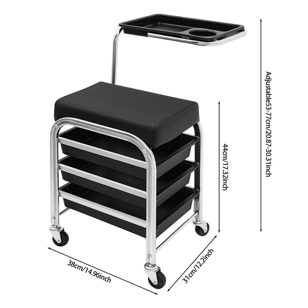 Manicurevogn - Salonvogn - Justerbar værktøjsbakke 53–77 cm - Max 100 kg - 31×38×44 cm - Med hjul - Plast - Sort