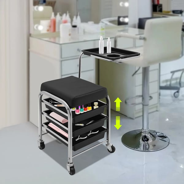 Manicurevogn - Salonvogn - Justerbar værktøjsbakke 53–77 cm - Max 100 kg - 31×38×44 cm - Med hjul - Plast - Sort