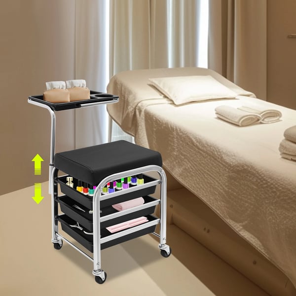 Manicurevogn - Salonvogn - Justerbar værktøjsbakke 53–77 cm - Max 100 kg - 31×38×44 cm - Med hjul - Plast - Sort