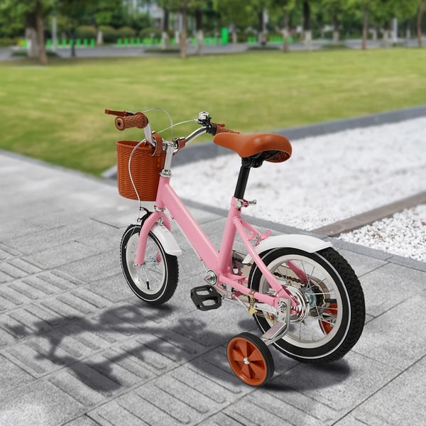 Børnecykel - 30 cm Hjul - Med Støttehjul - Dobbelte Bremser - Med Kurv - Til 2–4 År, 80–110 cm - Max 40 kg - Pink